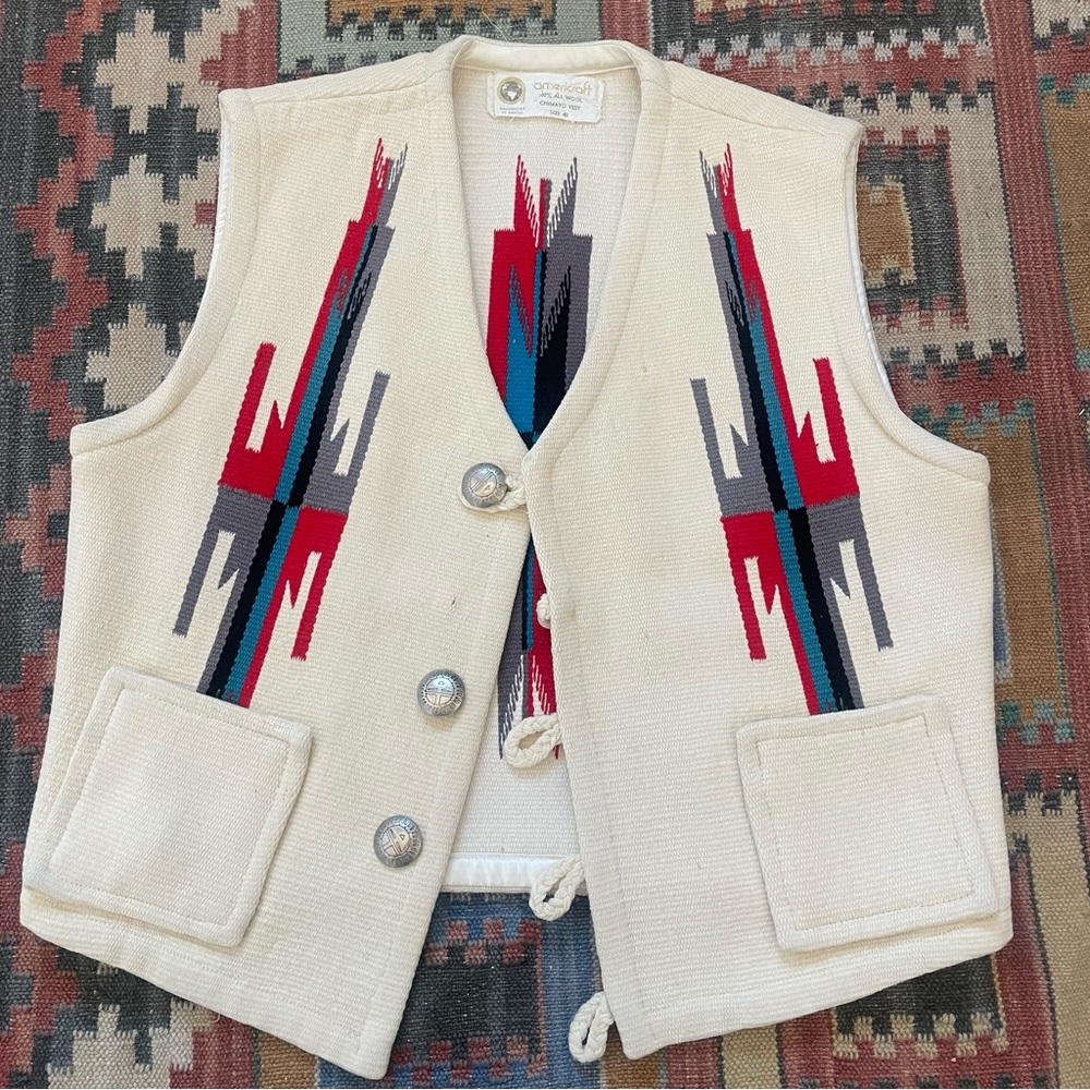 1950s Chimayo Cream Southwestern Patterned Vintage Wool Vest